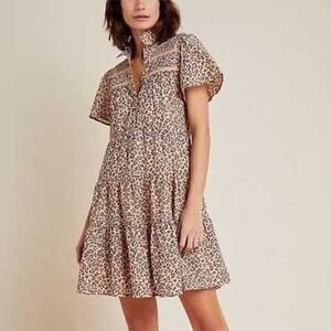Anthropologie Georgina Tiered Mini Shirt Dress Leopard Short Sleeve Small Petite